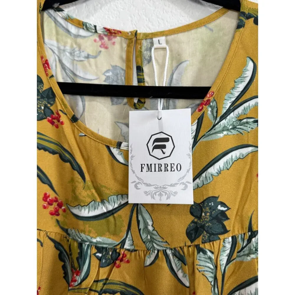 NWT Women's Long Yellow Tropical Flowy Belt Tie Dress Jumper Style Large - Picture 10 of 13